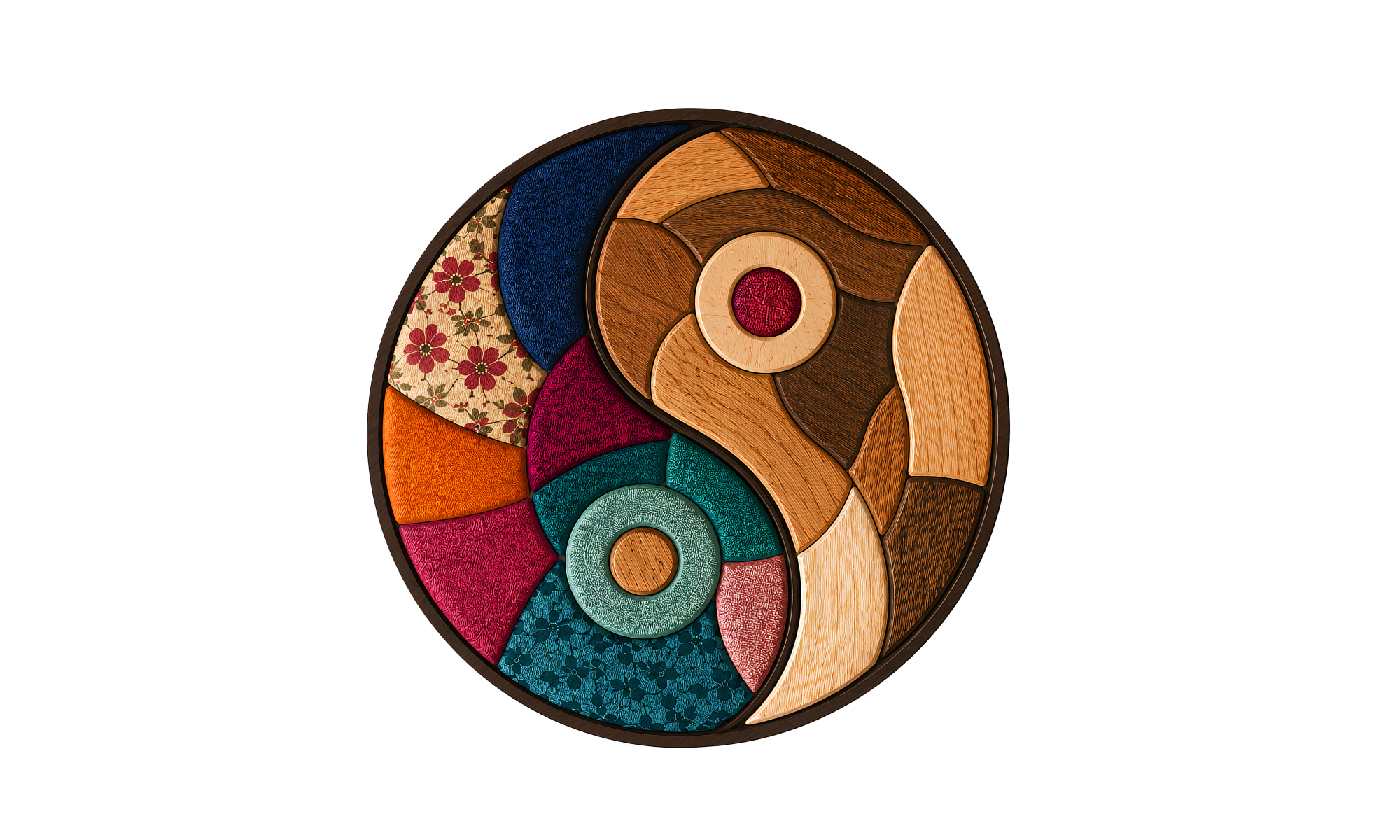 Logo for Master Pieces Studio, a tin and yang symbol made of fabric kinusaiga on the left and different types of wood on the right